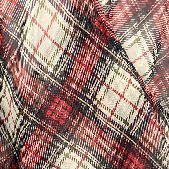 Tristan Sheer Red Black Green Gold and Grey Plaid Wrap FrontTie Blouse Size XS - Picture 10 of 13
